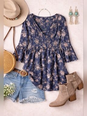 Hilary Radley Navy Floral  Boho WesternV Neck Smocked Waist Long Slv Blouse XL